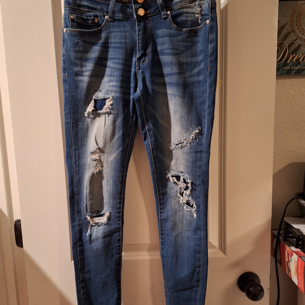 Indigo Rein Women's Ripped Blue Skinny Jeans